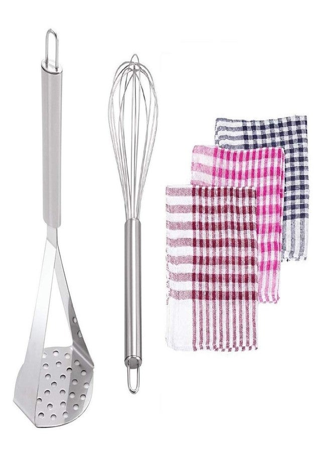 First Front Stainless Steel Kitchen Combo Set of Potato Vegetables Pav Bhaji Masher, Egg Beater Whisk & 6 Pieces Kitchen Clothes - Image 1